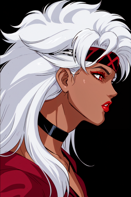 X-men TaS Style, 1girl, choker, dark skin, dark-skinned female, from side, headband, lipstick, long hair, mowhawk, makeup, portrait, profile, red lips, retro artstyle, solo, white hair, <lora:XmenStyle:0.8>