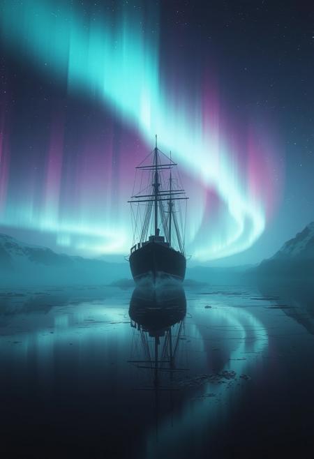 environment setting winter. highly detailed and hyper realistic photo, by Alena Aenami , by Archibald Thorburn , by Daniele Afferni , Ghostly ship sailing through auroras, in the style of  monochromatic silhouette reflection,  limited dark palette, unusual dark colors, faded colors, atmospheric haze, highly dramatic cinematic lighting, motion blur, film grain,  professional, excellent composition, finest details, maximized details, ultimate detail level, masterpiece, best quality