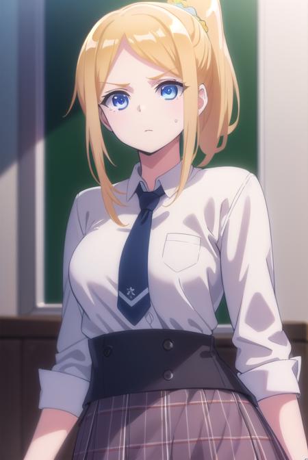 clairethomas, <lora:claire thomas anime s1-lora-nochekaiser:1>,
claire thomas, long hair, blue eyes, blonde hair, ponytail, scrunchie,
BREAK skirt, shirt, school uniform, white shirt, plaid, plaid skirt,
BREAK indoors, classroom,
BREAK looking at viewer,
BREAK <lyco:GoodHands-beta2:1>, (masterpiece:1.2), best quality, high resolution, unity 8k wallpaper, (illustration:0.8), (beautiful detailed eyes:1.6), extremely detailed face, perfect lighting, extremely detailed CG, (perfect hands, perfect anatomy),