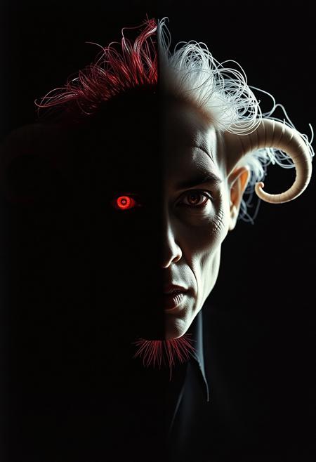 Hegelian dialectic monster embodying thesis and antithesis, dual-faced creature with contradictory elements fused, shot on Hasselblad 500cm, analog film grain, Vogue editorial style, dramatic chiaroscuro lighting, one half ethereal light one half consuming shadow, vivid saturated colors bleeding into monochrome, dynamic asymmetrical composition, intense emotional expression of philosophical conflict, medium format depth, professional fashion photography aesthetic, conceptual surrealism