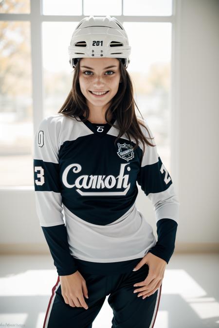 (wearing a hockey jersey), hockey pants, hockey helmet, on ice, hockey rink, grin, <lora:Wolvie_r1lee_v1.0:1> r1l33,1girl, brown eyes, brown hair , freckles, (masterpiece:1.3),(best quality:1.3),8k, highestres, absurdres, perfect composition, delicate, realistic proportions, ultra sharp, beautiful, stunning beauty, beautiful detailed eyes, textured skin, perfect face, Canon50,  perfect shadows, solo focus, jewelry,