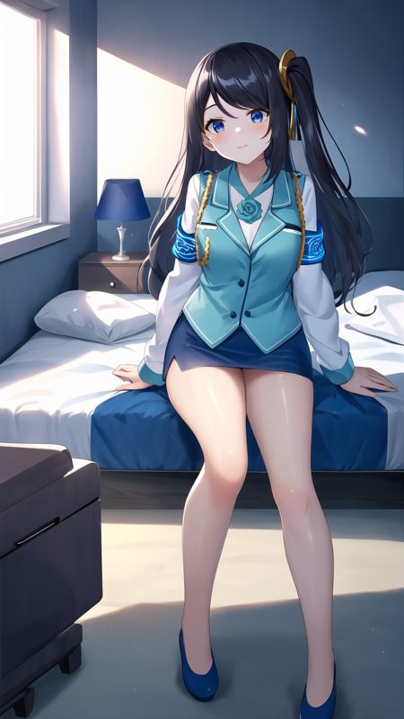 1girl, solo, xiao qiong, long hair, breasts, bangs, blue eyes, black hair, hair ornament, medium breasts, very long hair, side ponytail, skirt, shirt, long sleeves, white shirt, shoes, vest, blue skirt, armband, pencil skirt, blue footwear, blue vest, flower, rose, one side up