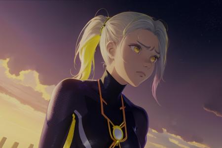 1girl, anime key visual, surreal, Contemplative Aunt, wearing Holistic Jodhpurs with Andes designs, Metallic hair, Ponytail hairstyle, Feigned No makeup, at Overcast, horizon-centered, deep yellow neon hue,  <lora:super-000007:0.8>