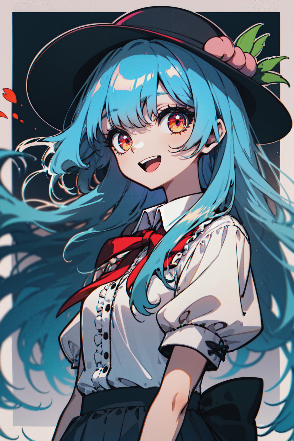 (pastel style, black outlines:1.2), (dark colors:1.2), dark background, complex background, 1girl, hinanawi tenshi, solo, ...