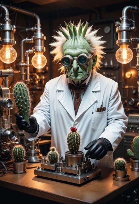 8k, uhd , dynamic action photograph ((The most insane but genius cactus)), ((The most insane but genius cactus) is wearing (a white lab coat), (a glasses with steampunk style additional amplifying lens), and (latex gloves)), ((The most insane but genius cactus), is also holding (a fluid filled specimen jar containing a mutant clone))
<< BREAK >>
((interior of a retrofutuistic mad scientist laboratory),
[ (intricately detailed), (very detailed background), (full-length photograph), (double-exposures), (alternate reality)]