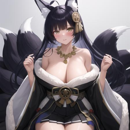 (masterpiece, best quality:1.2),illustration,8k,hd,1girl,solo,cowboy shot,musashi (azur lane),ahoge,huge breasts,long hair,fringe,black hair,animal ears,yellow eyes,cleavage,black skirt,blunt bangs,japanese clothes,fur trim,off shoulder,wide sleeves,facial mark,eyeshadow,whisker markings,necklace,fox ears,fox tail,fox girl,multiple tails,hair ornament,short kimono,geta,magatama,<lora:Musashi(azur)>,