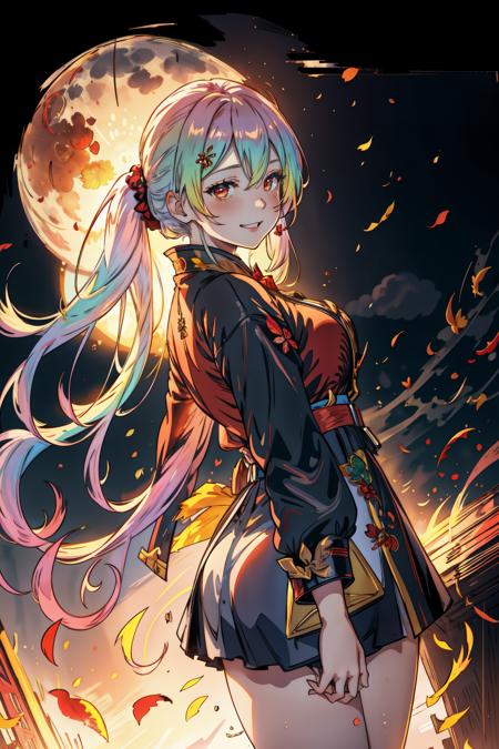 1girl, autumn, autumn leaves, bangs, blush, breasts, burning, cowboy shot, embers, explosion, falling leaves, fire, flame, floating hair, full moon, hair between eyes, hair ornament, hair scrunchie, leaf, leaves in wind, long hair, long sleeves, looking at viewer, mole, moon, night, pleated skirt, red scrunchie, scrunchie, skirt, smile, solo, sunset, wind, <lyco:CupitanLoHa:1.0>