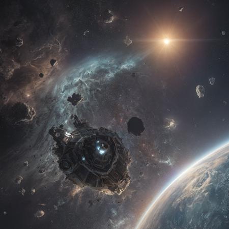 debris from ((detailed)) spaceship, floating alone in space, detailed setting, Bioluminescent sun, errie, dark, hdr, uhd, 4k