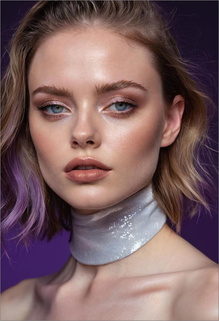 A professional (fashion photo photography:1.2),a  (studio portrait:1.2),showing (surrealistic style:1.1),(black purple gradient background:1.2),(exaggerated character movements:1.5),against glass,(masterpiece, best quality:1.4), perfect body,  long hair, brown hair, brown eyes, parted lips, , detailed skin,model photoshoot, long bob-cut hair, shiny oiled skin, pale skin,  pale white skin, shiny oiled skin, pale skin, realistic eye and face details), hyperrealism, very slim,  bright face, blue eyes, choker, make-up photography by (Ethel Warwick:1.3), modelshoot, pose, , (Ethel Warwick: 1,2) award winning photo macro shot  dramatic lighting,philosophical dimensions,NIKON Z9,35mm,f/1.2,RAW format,stark composition.,(muted tones:1.2),award winning photo,(dream-like quality:1.2),