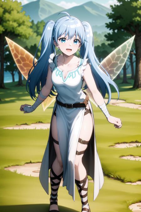 best quality, masterpiece, detailed,
<lora:chara_BenriyaSaitousanIsekainiIku_Lafanpan:0.8>, lafanpan,
open mouth, smile, light blush,
twintails, blue hair, long hair, ahoge, blue eyes, (wings:1.2),
collarbone, small breasts, white dress, belt, bandages, wrist wrap, sleeveless, gladiator sandals,
standing, looking at the viewer,
fantasy, grass field, forest