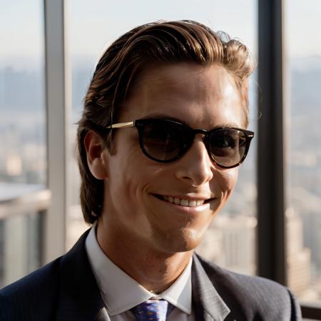 <lora:ptrbtman-29:1> ptrbtman, blue suit,sunglasses,smile,masterpiece,8k,uhd,soft lighting ,golden hour, bokeh,dof,skyscraper window in background