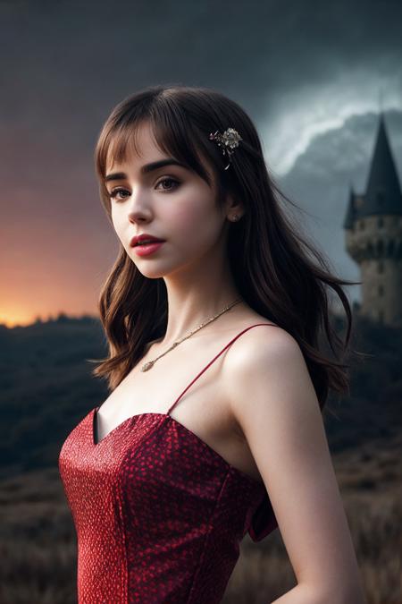 LilyC_SoloTI_v1, PA7_Portrait-MCU,
a beautiful woman, (Rocking a figure-hugging retro dress with polka dot prints and a sweetheart neckline, paired with classic red pumps and a playful hair scarf),
(Sinister castle looming over a desolate landscape, lightning crackling across the sky, the eerie howl of distant wolves, minions scurrying to fulfill her commands, the air thick with the scent of ancient magic and impending doom:1.3), (seductive:1.3),(analog, cinematic, film grain, hazy atmosphere, cinematic shot:1.3), 
 <lora:add_detail:0.6>,<lora:LowRa:0>