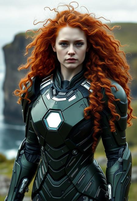 A hyper-realistic, ultra-detailed photography of a beautiful female, white skin, sexy ironman suit. deep green armor.
She has a curly long messy red hair. puffy hair, celtic type, Merida.
Wearing robotic armor.
serious face, (slightly overweight body), (round face), 
The background is a celtic cliffs, ireland.
The composition focuses on the character, Full body shot, walking toward camera