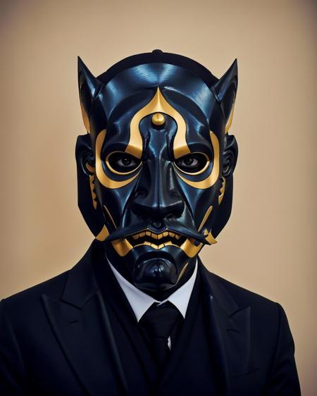 ritual mask ,  a man with a mustache and a suit , <lora:Ritual_Mask_SD15:0.75>