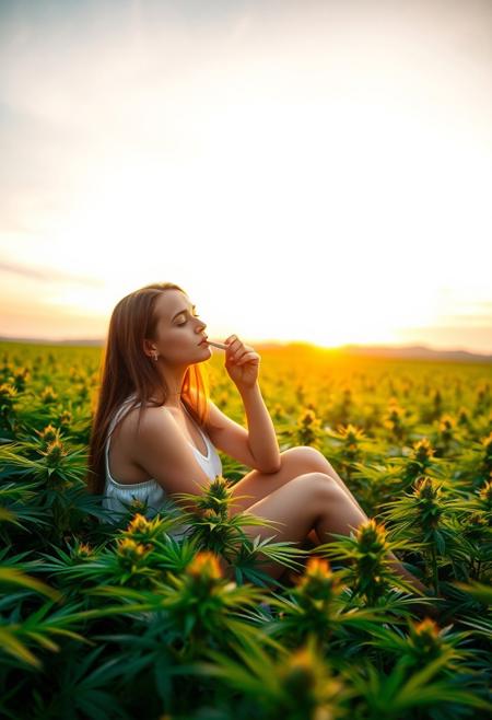 vibrant cannabis field, (lush green leaves:1.4), (sunset glow:1.2) casting warm light over the plants, (detailed textures:1.5), woman sitting casually among the plants, (smoking a joint:1.3), peaceful and serene atmosphere, (natural light:1.4), wide field stretching into the distance, (colorful sky:1.2) with shades of pink and orange, (high-definition:1.6), (ultra-realistic textures:1.5), close-up details of cannabis plants, (relaxed expression:1.3), modern, laid-back aesthetic, perfect for a cannabis culture feature, chill and relaxed vibe, (overexposed:-1.4), (unnatural colors:-1.5), (blurry:-1.6), (low-resolution:-1.7), (harsh lighting:-1.5), (distorted textures:-1.6)