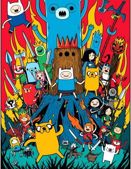 t1md0yl3, movie poster, 
adventure time,  vibrant colors, 
multiple girls, weapon, horns, multiple boys, sword, fire, crown, instrument, guitar, axe, tree stump
white border, 
<lora:tim_doyle-SDXL-v1:1>