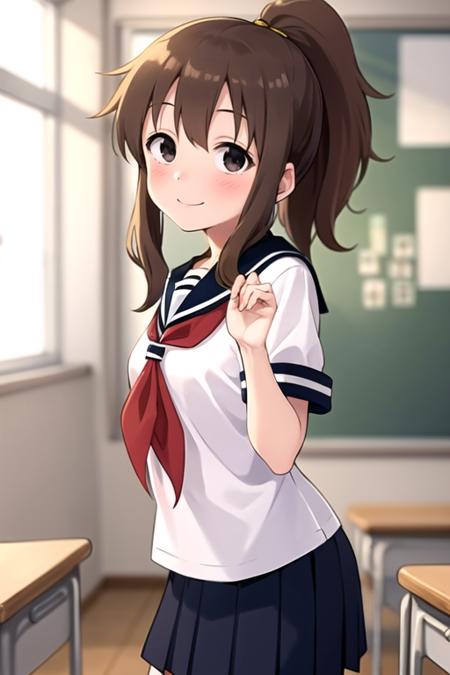 masterpiece, best quality, <lora:takagawa_sumire:0.7> takagawa_sumire, 1girl, solo, long hair, blush, smile, brown hair, ponytail, black eyes, looking at viewer, serafuku, sailor collar, red neckerchief, pleated skirt, indoors, classroom, sunlight, delicated face and eyes, colorful