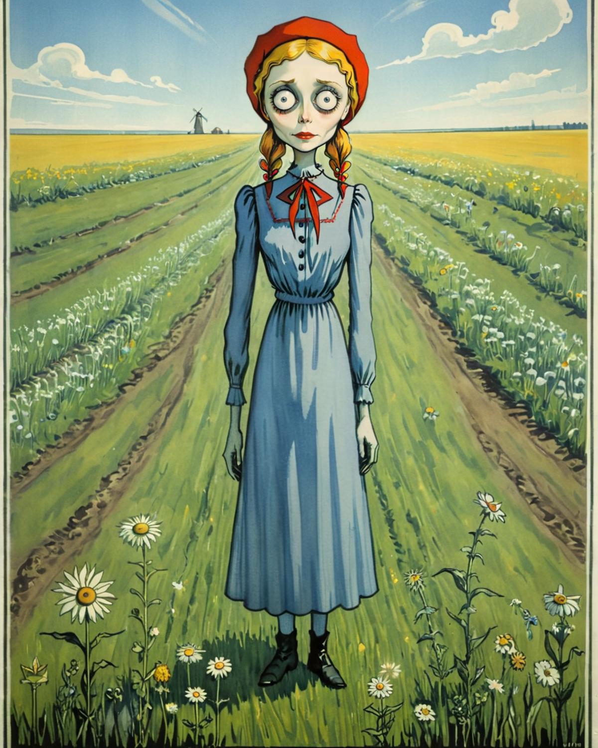 A girl with red hair and a blue dress standing in a field of flowers.
