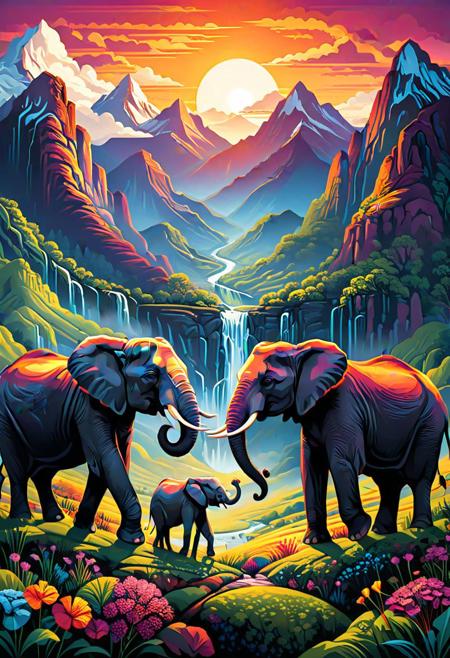 Vibrant and dynamic illustrations and vectors, bursting with color and life, offer viewers a visual feast for the eyes.. a group of elephants standing in front of a mountain, dan mumford. maya render, photorealist, sunshine lighting high mountains, paisley, journey, elephants. These high-quality images are a celebration of creativity and artistry, showcasing the talent and skill of the artist behind them.