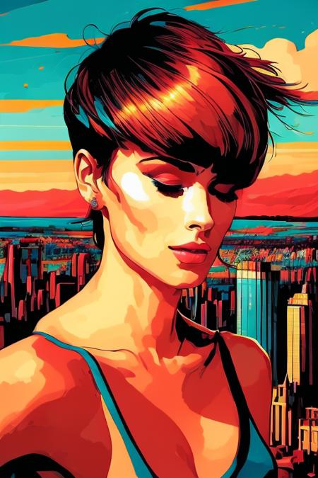 A clean scene of a sexy woman with a fringe hair cut, medium shot with a (city) in the background at sunset, soft lighting, nostalgic, art by rzpopartify-6000