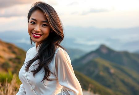 Gorgeous, deep Bronze-skinned Eurasian exotic model with long shiny black hair, thin, angled eyebrows, blue eye shadow, ruby full lips, slim and voluptuous body, wearing a translucent white silk Ao Dai, on top of a mountain at dawn, smiling