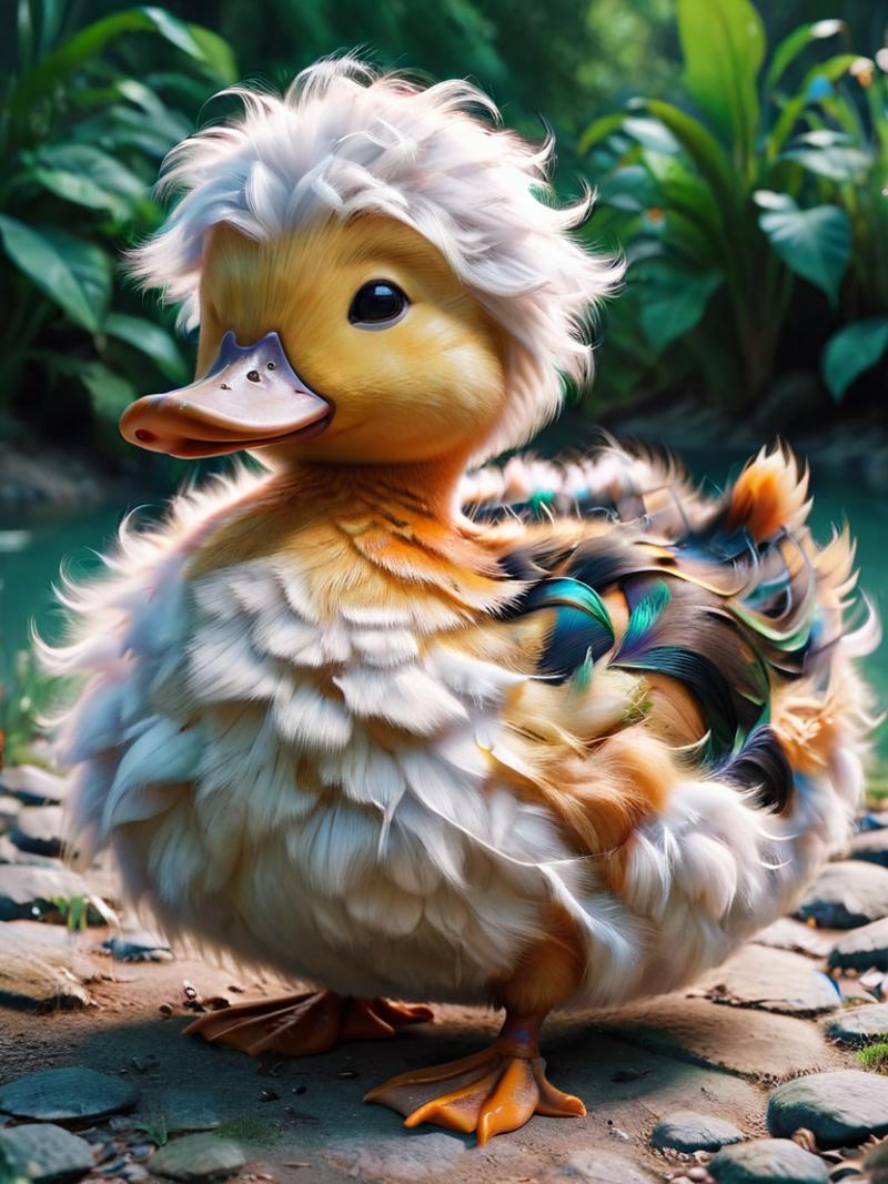 A fluffy, white, and yellow cartoon duck with a blue tail feather.