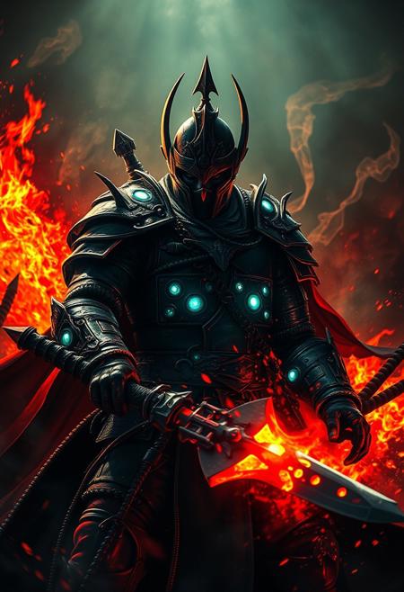 Epic dark fantasy vibrantly colored hyperdetailed ink art depicting a legendary warrior in defiance against impossible odds. Strong top lighting effect. Bioluminescent glowing armor and weapon accessories. Volumetric lighting. Chiaroscuro oil painting by Caravaggio. Deep glow effect, cinematic light bloom, cinematic lens flare. Grimdark, gritty, intense, volatile. Hypermaximalism. Motion blur. Full-frame fisheye lens. 32K cinematic hyperrealistic fantasy ultradetailed masterpiece.