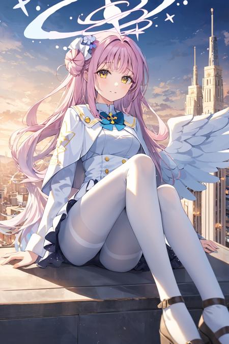 masterpiece, best quality, mika \(blue archive\), 1girl, blue archive, angel wings, white pantyhose, underbust, breasts, halo, pink hair, yellow eyes, sitting, modern city, sky scrapper, scenery, hair ornament, hair flower <lora:mika:0.8>