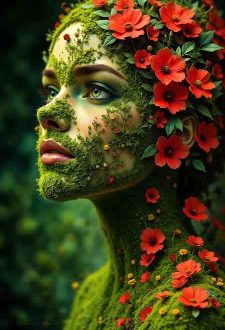 masterpiece, best quality, A hyper-realistic Close up shot of a figure completely made of grass and red flowers in female form, full body zoomed in, ultra sharp focus photo, 3d render, architecture, dark fantasy, vibrant (photography, high-resolution, dynamic, energetic,hyper-realistic, dramatic lighting, shallow depth of field.), dramatic lights, Cinematic, beautiful, vibrant, masterpiece, 32k, ultra HD, ultra-detailed, amazing quality, amazing artist, sharp edges, detailed textures, full view, atmospheric lighting, amazing visuals