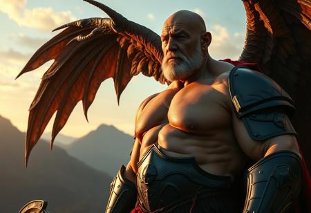 scifi movie still, old man mutating into huge bodybuilder angelic demon from heavenly hell in a mountainscape at dawn, with gigantic muscles, gigantic muscles, huge neck, bald, shaved shaven clean face, large round belly overhang, hairy armpits, tanned sweaty oily skin, huge veins on skin, large old mans hairy chest nipples, wearing black plate knight armor, long red tattered cape,
