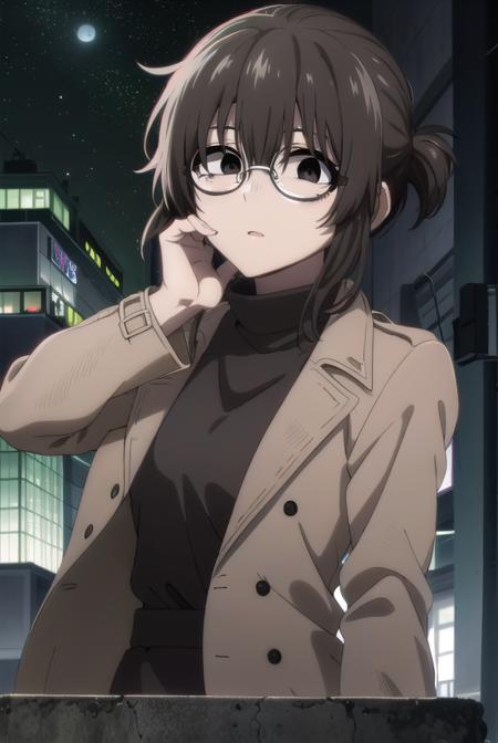 ankouguisu, <lora:anko uguisu s1-lora-nochekaiser:1>,
anko uguisu, short hair, brown hair, glasses, (black eyes:1.5),
BREAK dress, black dress, coat, turtleneck,
BREAK outdoors, city, night sky, night, moon, star \(sky\),
BREAK looking at viewer,
BREAK <lyco:GoodHands-beta2:1>, (masterpiece:1.2), best quality, high resolution, unity 8k wallpaper, (illustration:0.8), (beautiful detailed eyes:1.6), extremely detailed face, perfect lighting, extremely detailed CG, (perfect hands, perfect anatomy),