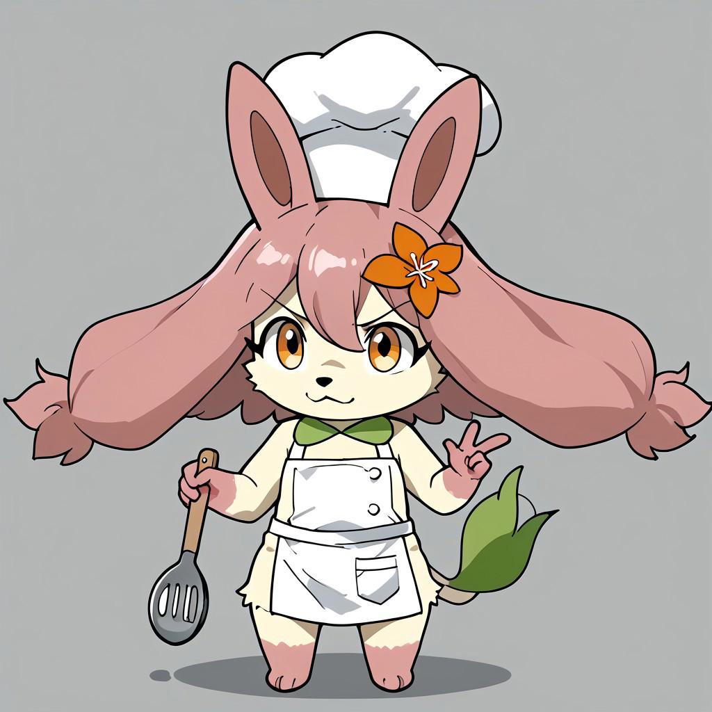 Flopie cartoon, furry, pink hair, chibi, wearing chef hat, holding a pan in her left hand, and a spatula in her right hand, grey background