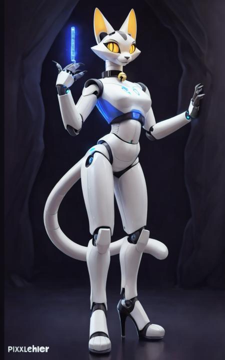 8k.4k,((Best quality, masterpiece, ultra high resolution)),((full body, by pixelsketcher)),   <lora:Tess:0.5>,tess,joints, robot joints,humanoid robot, helmet, glowing, science fiction, high heels,  <lora:Nyan:1>,nyan,slit pupils, animal ears, tail, cat ears, claws, furry,navel,black feet,black hands,yellow eyes,bell collar