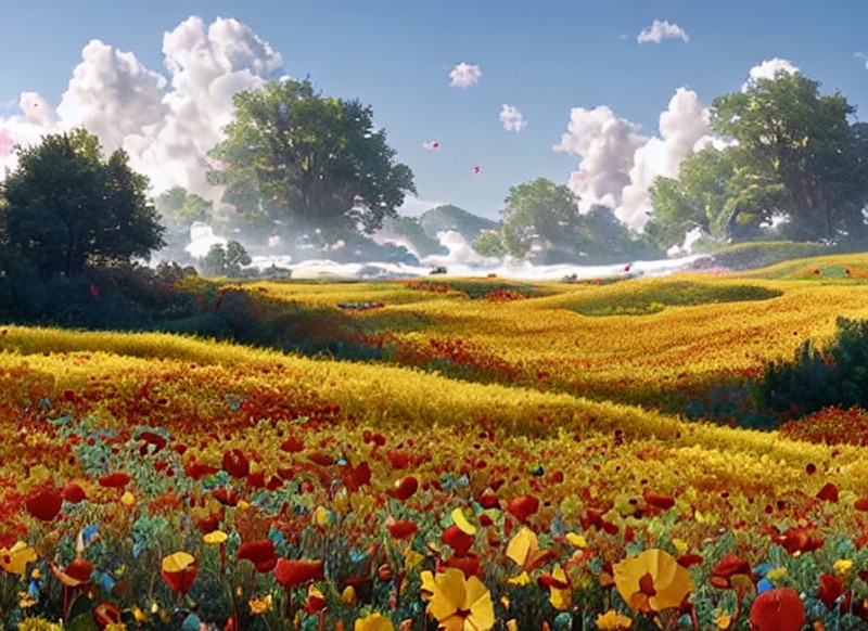 a discodifland with poppies and sunflowers, sugar fluffy clouds, artstation, painterly strokes, raining down