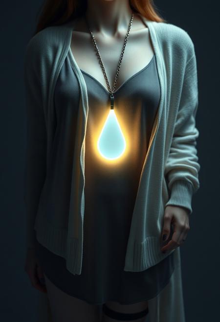 subdermal LED teardrop pendant, (internal LED glow:1.7), (embedded LEDs:1.8) forming a glowing teardrop shape beneath the skin, (soft, central light radiating outward:1.6), paired with (comfortable, stylish dress:1.4), (flat sandals:1.3), (light cardigan:1.3), (minimalist makeup with glowing skin:1.3), (natural hair flowing loosely:1.3), high-definition, (ultra-realistic textures:1.7), glowing teardrop light effect subtly integrated into the casual outfit, (worn jewelry:-1.8), (chains:-1.8), (external pendant:-1.8), (clunky design:-1.5), modern but subtle elegance, seamless and futuristic