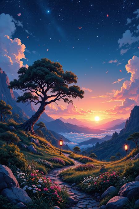 aidmafluxpro1.1
A serene landscape unfolds as the first spring night descends, casting a warm golden glow on the lush greenery. Delicate petals unfurl from the blooming flowers, gently swaying in the gentle breeze. The sky is painted with hues of blue and pink, a breathtaking sunset merging with the twinkling stars above. A lone tree stands tall, its branches adorned with lanterns, softly illuminating the path winding through the garden.,Anime Niji,Cyberpunk, illustration