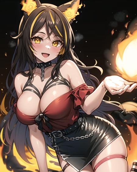 nsfw, best quality, sinder, sinder (vtuber), 1girl, animal ears, bangs, bare shoulders, belt, black skirt, skirt slit, reasts, brown hair, chain, cleavage, collar, collarbone, fiery ears, large breasts, long hair, looking at viewer, off-shoulder shirt, off shoulder, open mouth, pencil skirt, red shirt, shirt, sidelocks, skirt, smile, solo, streaked hair, swept bangs, thigh strap, thighs, wolf ears, wolf girl, yellow eyes, flames and embers, finely detailed background, amazing background