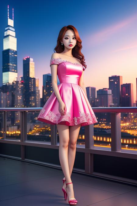 Tzuyu wide angle,full body, ((extremely detailed face and eyes)), lipstick,eyelashes,(parted lips), short cocktail dress, open toe high heel shoes, city skyline , looking at viewer, best quality, ultra high res, (photorealistic:1.4),  <lora:Tzuyu:0.9>