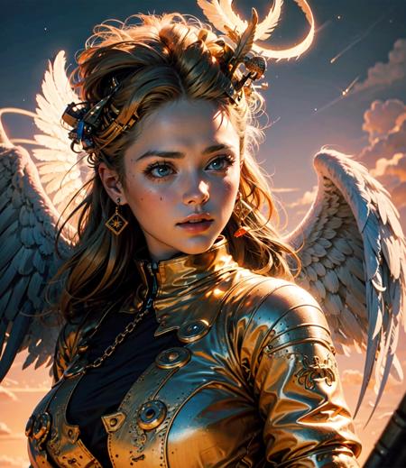 ((masterpiece, best quality;1.3)), ultra detailed, 8k unity wallpapers, CG, illustration, colorful, cinematic shadow, extremely detailed and beautiful background,vhd, shadering VRay,RTX,(realistic:1.5),1girl, solo, blonde hair, angel halo, white glowing skin, highly detailed beautiful face, beautiful face, angelic, golden colored detailed angel costume, glowing, glowing light, angel woman holding big book, looking at the sky, wings angel, feathers