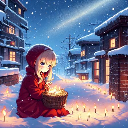 lit match head down blond twintail red hooded jacket black long skirt basket night town snowing ritual circle