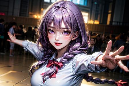 1girl, looking menacely, purple eyes, braid, shirt, twin braids, 1boy, purple hair, looking at viewer, breasts, white shirt, long hair, ribbon, bangs, outstretched arms, smile maniacly, cold expression, looking badass, majestic, (RAW photo, best quality), hyper realistic, photorealistic, (Masterpiece), 8k, best quality, ultra-detailed, lighting, cinematic lighting,  <lora:more_details:0.7>