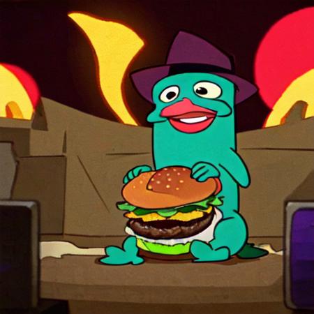 platypus serving a giant hamburger, ((laughing)), cinematic lighting, film grain<lora:Perry:0.7>