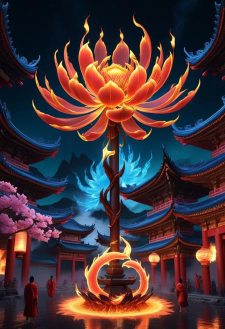 dahuangdongjingAI, magic Fire Flower  Fire lighting, neon, NeonHypnoPMV , Best Quality, High Resolution, Realistic, Extremely Detailed, 8k, Clear, Vividly Detailed Masterpiece Art of Image, Artistic Hyper-Detailed Immersive Elemental Fantasies, Huge Realistic, Detailed Tense Scene, Inspired by Busy Celestial Light1.3, cinematic, highly detailed