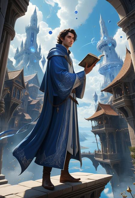 photorealistic A young mage, with a slender build and sharp, inquisitive eyes, stands on the edge of a floating city. He wears elegant blue and white robes, embroidered with intricate silver patterns that shimmer under the light of the floating city's glowing crystals. His dark hair, tousled by a gentle breeze, frames a face filled with wonder and determination. In his hand, he clutches a thick, ancient-looking tome bound in leather, its pages filled with arcane symbols. As he gazes upward, the sky above is a canvas of swirling clouds and distant stars, hinting at the vast expanse of the magical world he is eager to explore. The city itself is a marvel of magic and architecture, with buildings made of marble and glass, suspended by powerful enchantments, casting soft shadows on the ground below. The air is filled with the hum of magic and the distant sounds of magical creatures soaring through the sky.