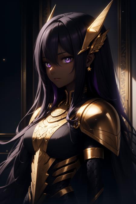 ((masterpiece)), ((best quality)), (ultra-detailed), ((extremely detailed cg)), ((an extremely delicate)), (perfect lighting), ((8k)), (dynamic angle), (sharp image), ãmasterpieceã, ãbest qualityã, ãultra-detailedã, 1girl, cool, Glowing purple eyes, '((dark skin))', egyptian, egyptian style, exotic, black hair, Augmented cyborg, fused with King Cobra, king cobra motif, poisonous, '((dripping black venom))', '((purple and gold metal exoskeleton))', Darkness, Black venom drips from her hands, ãupper body angleã, long hair, purple hair, streaked hair, purple eyes, star-shaped pupils, hair ornament