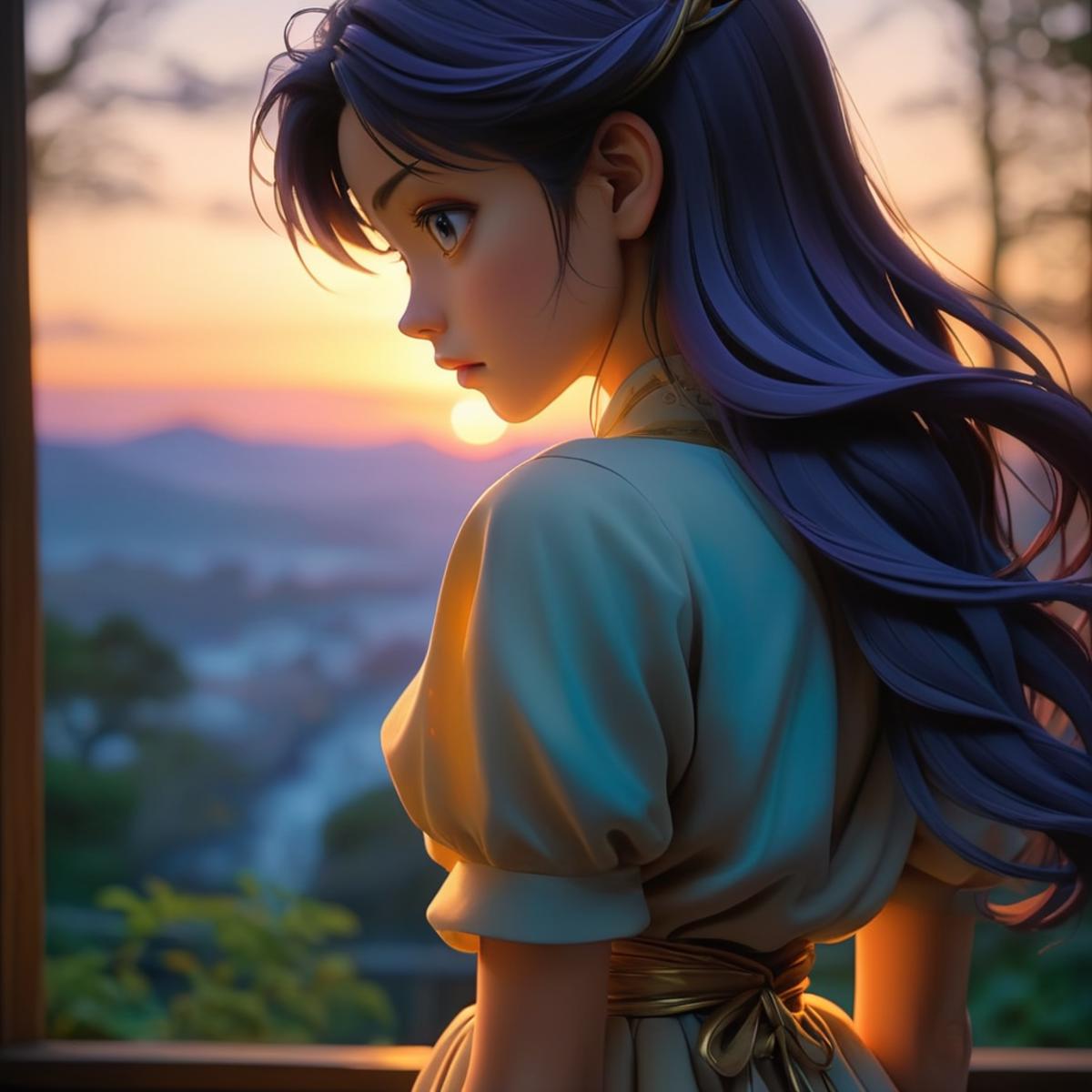A beautifully rendered anime girl with blue hair and a sunset in the background.