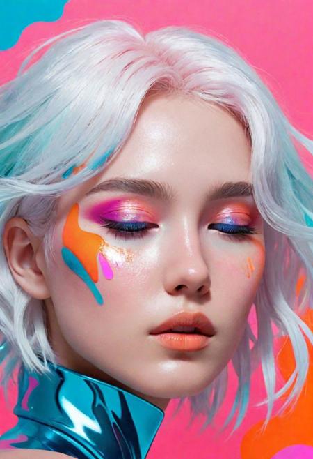 A digital illustration of a female figure with an abstract aesthetic. The character has white, tousled hair, and her skin appears to have a glossy, almost metallic sheen, with vibrant hues of pink, blue, and orange. Her eyes are closed, showcasing metallic eyeshadow in teal and black, with tears streaming down her cheeks that blend into the abstract shapes and colors of the background. colorful cloud background, with a color palette of neon pink, blue, and a touch of orange, evoking the feel of a futuristic cityscape at night. The overall tone is surreal and vivid, combining elements of futurism with a portrait-like focus on the character.