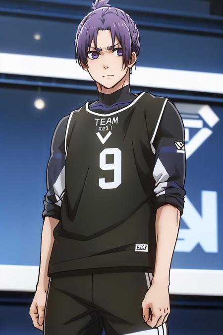 (masterpiece, best quality:1.2), solo, male focus, 1boy, mikage reo, serious, closed mouth, looking at viewer, sportswear <lora:bluelock_mikage:1.0>