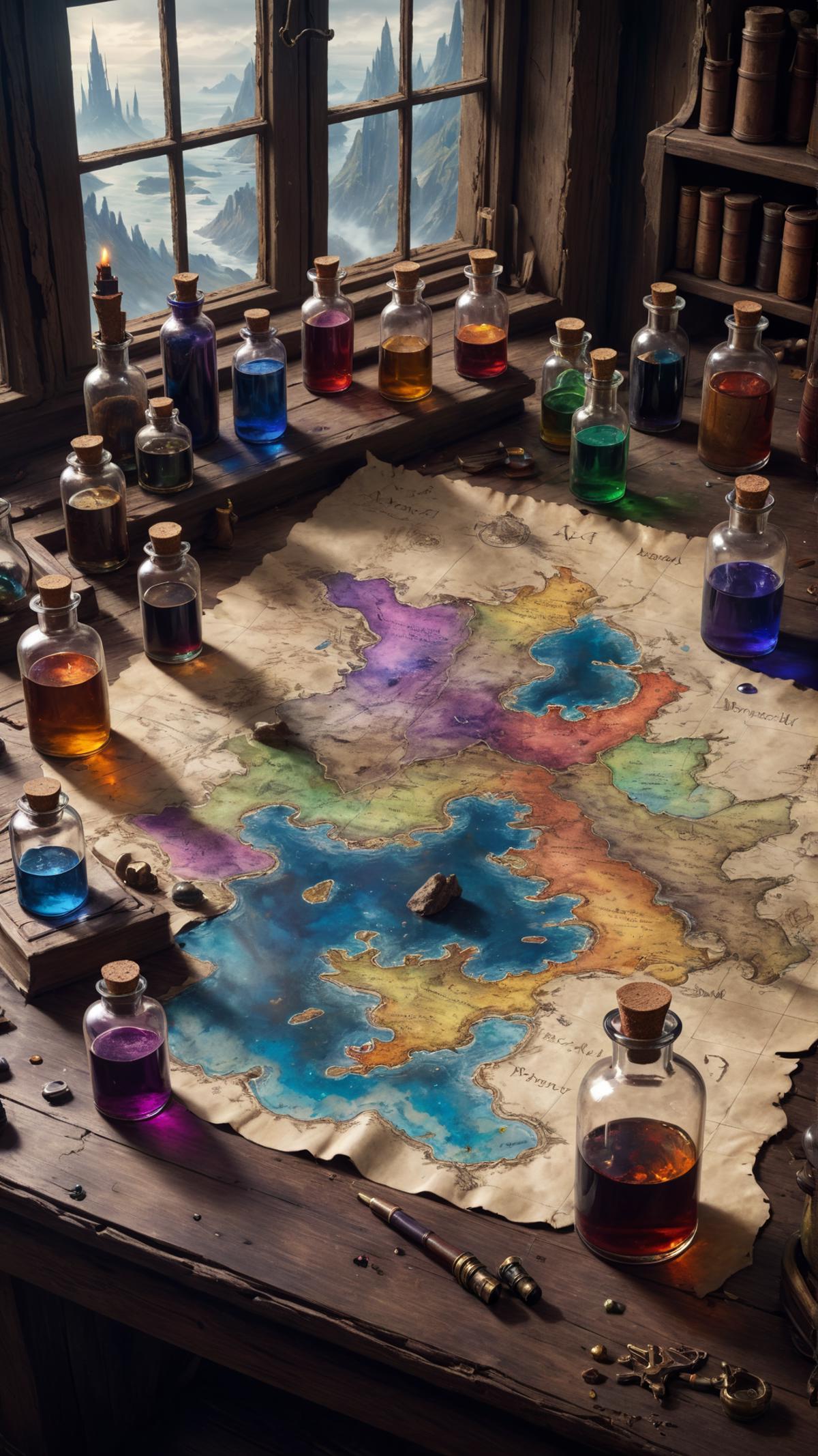A Map on a Table with Bottles of Potions and Liquids