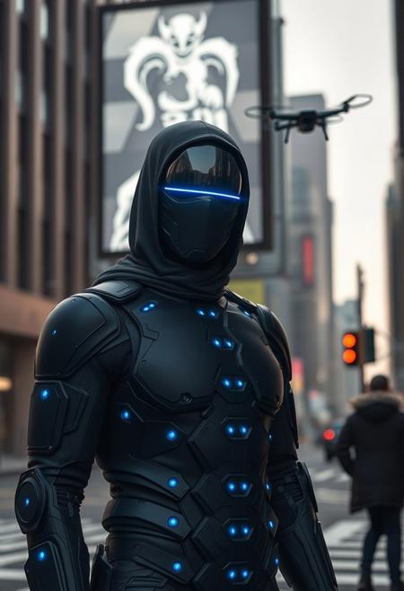 Null Node
A silent, gender-ambiguous figure clad in a jet-black full-body suit made of modular matte armor and glowing blue data nodes. Their face is obscured behind a featureless reflective mask with a single thin, blinking lens at the center, like a surveillance cyclops. Drones hover faintly around them. Standing in mid-glitch—edges fragmented like a corrupted hologram—Null Node leans in shadow against a digital billboard that flickers behind them, casting streaks of artificial light across their cloaked form in a city intersection gone silent.